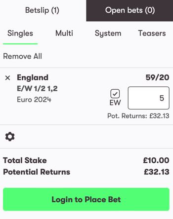 England to win Euro 2024 bet example
